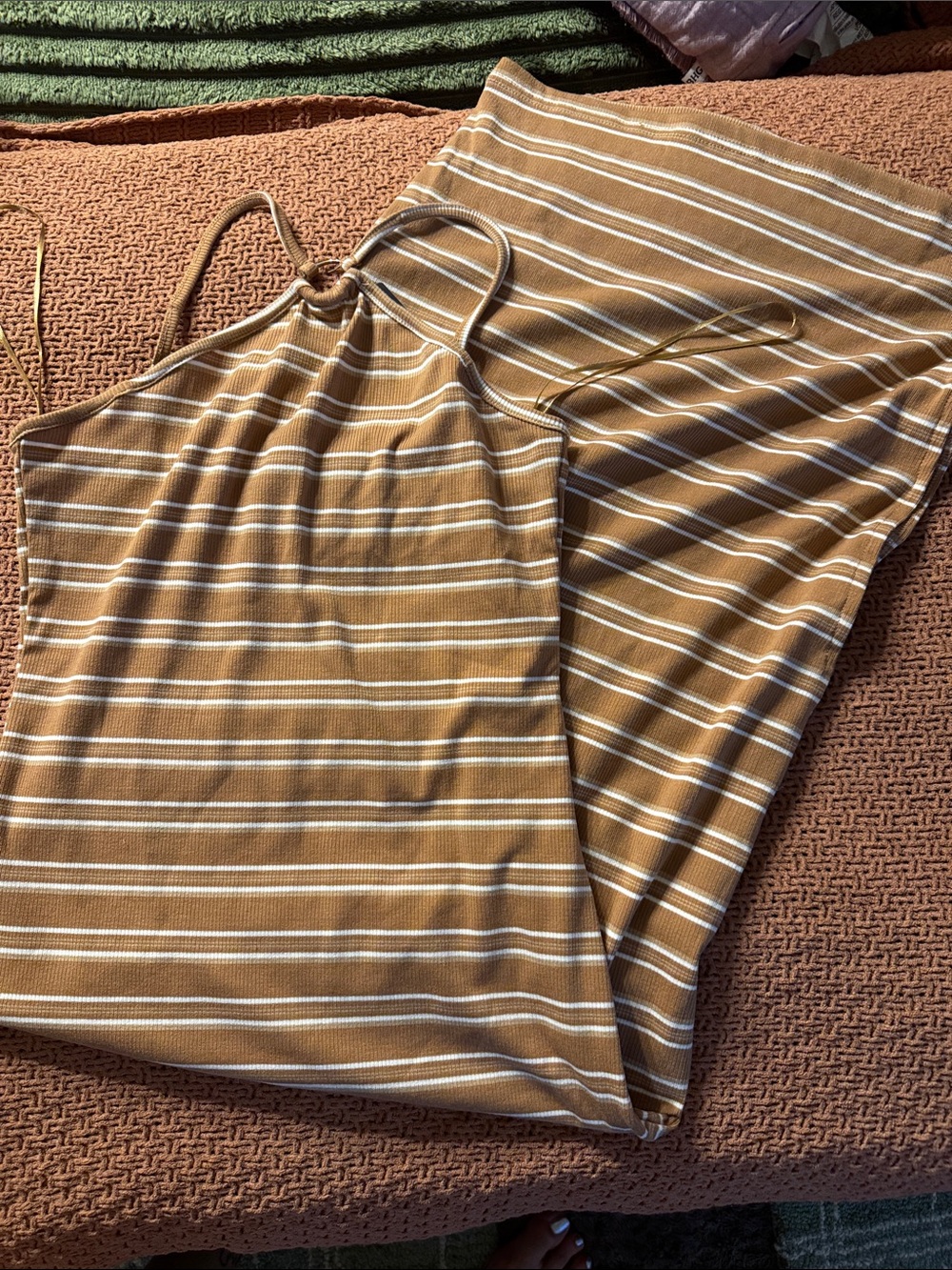 Say What? Camel and White Striped Halter Midi Dress